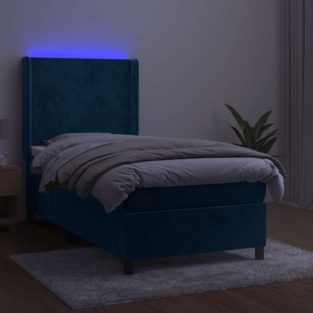 sötétkék bársony rugós és LED-es ágy matraccal 90x190 cm