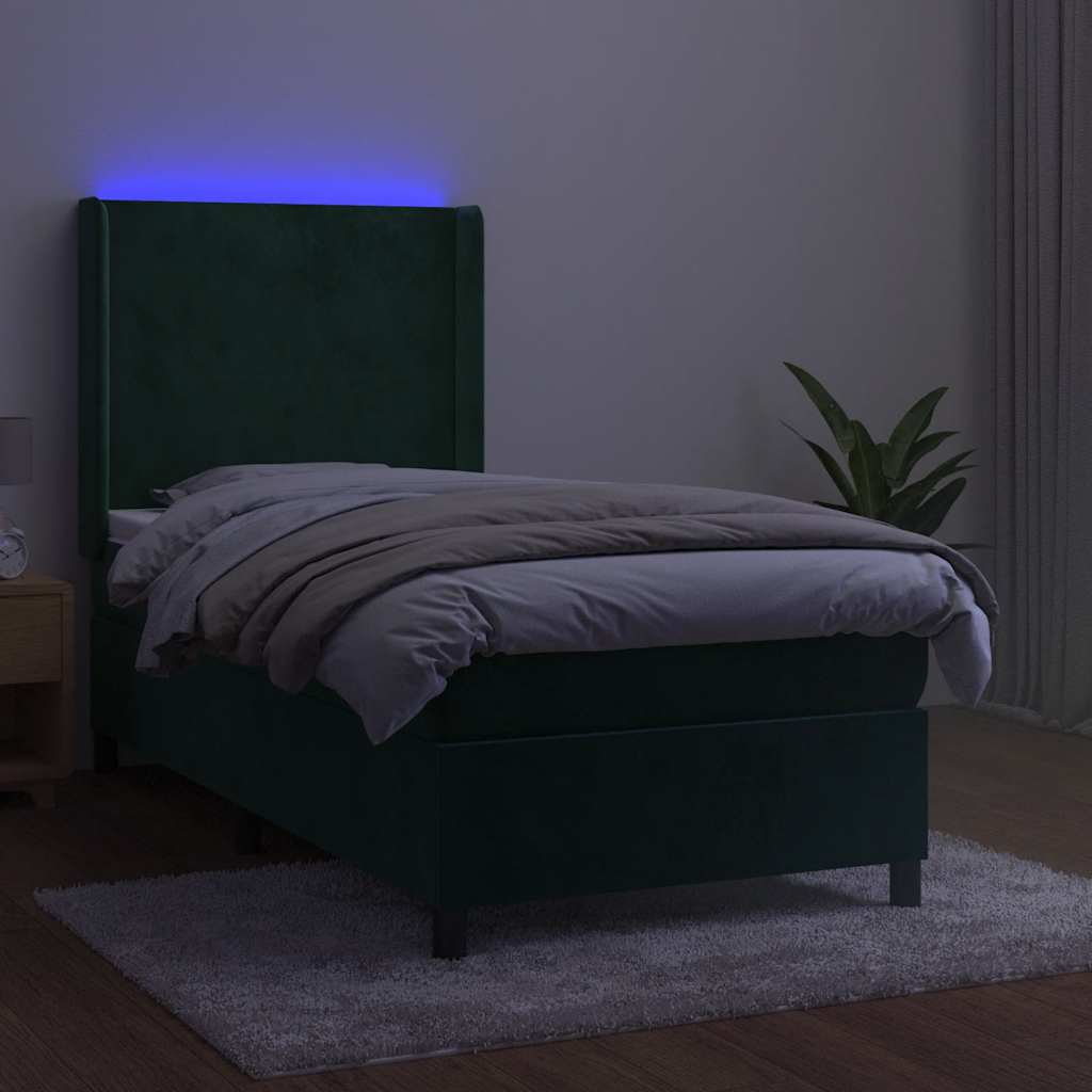 sötétzöld bársony rugós és LED-es ágy matraccal 90x200 cm