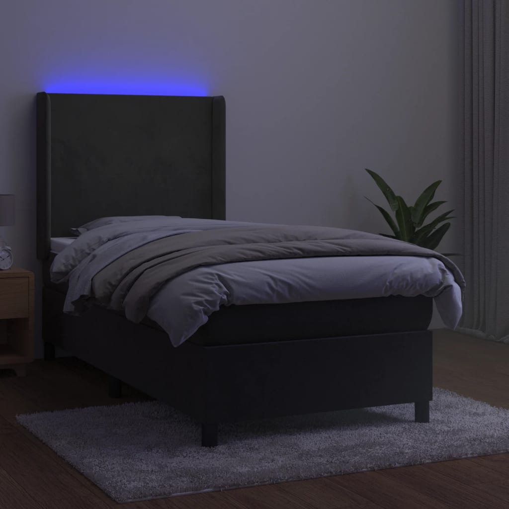 sötétszürke bársony rugós és LED-es ágy matraccal 100x200 cm