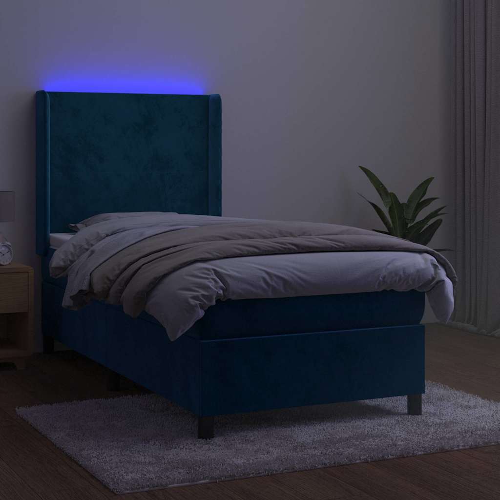 sötétkék bársony rugós és LED-es ágy matraccal 100x200 cm