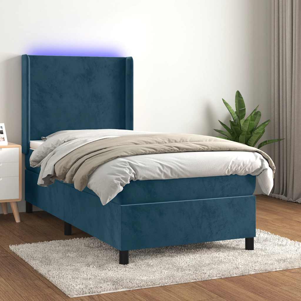 sötétkék bársony rugós és LED-es ágy matraccal 100x200 cm