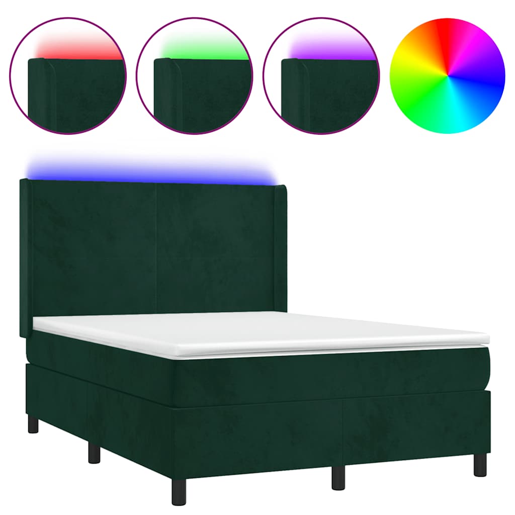 sötétzöld bársony rugós és LED-es ágy matraccal 140x190 cm