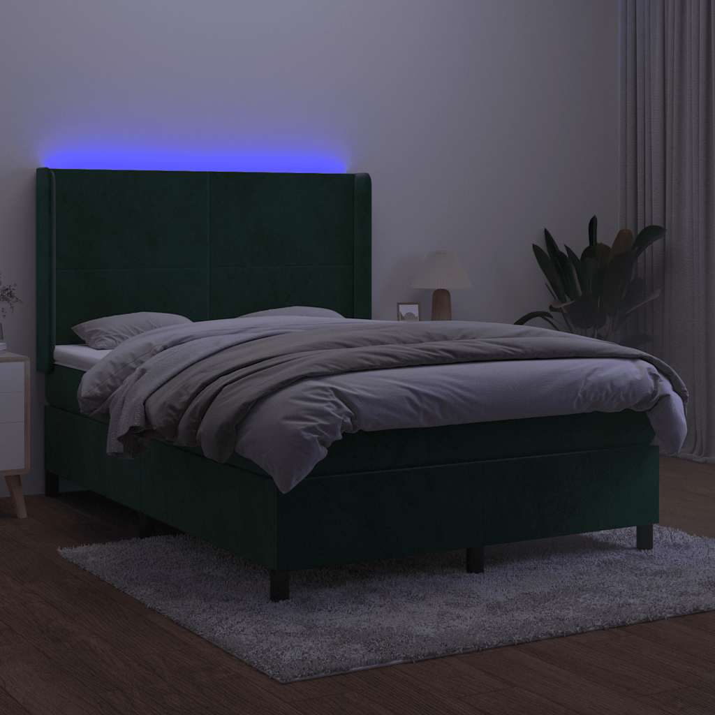 sötétzöld bársony rugós és LED-es ágy matraccal 140x190 cm