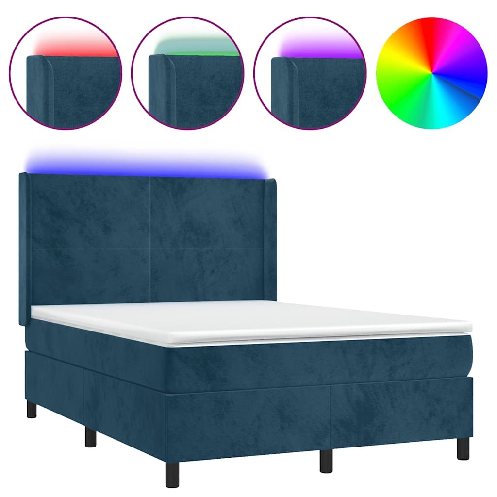 sötétkék bársony rugós és LED-es ágy matraccal 140x190 cm