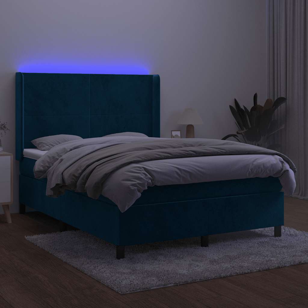 sötétkék bársony rugós és LED-es ágy matraccal 140x190 cm