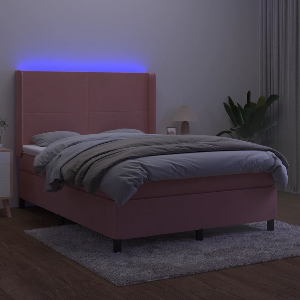 rózsaszín bársony rugós és LED-es ágy matraccal 140x190 cm