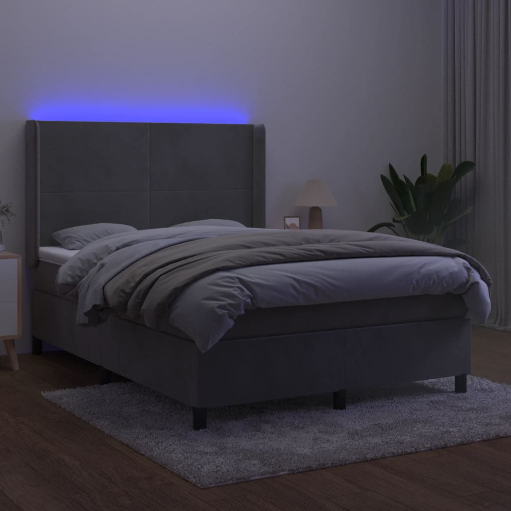 világosszürke bársony rugós és LED-es ágy matraccal 140x200 cm