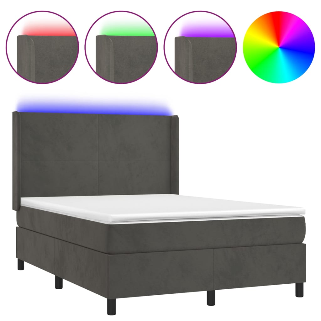 sötétszürke bársony rugós és LED-es ágy matraccal 140x200 cm