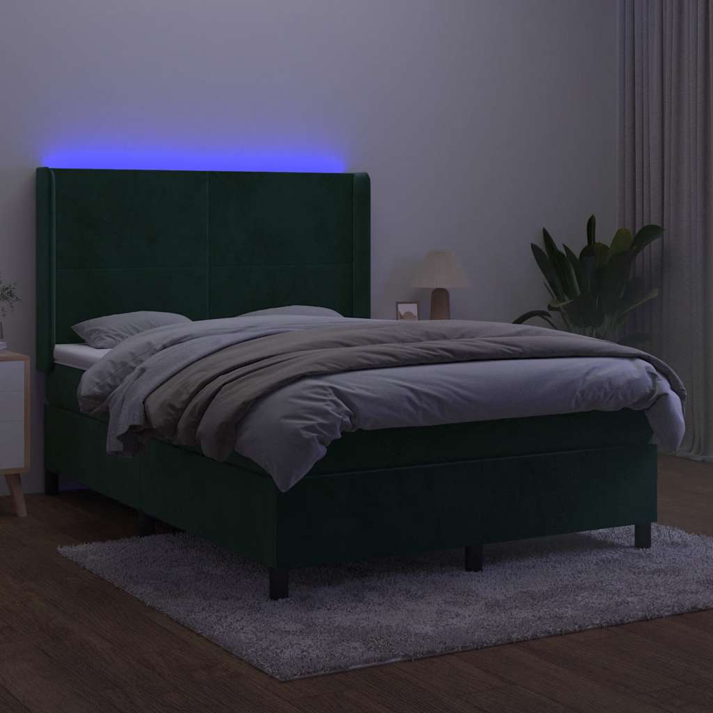 sötétzöld bársony rugós és LED-es ágy matraccal 140x200 cm