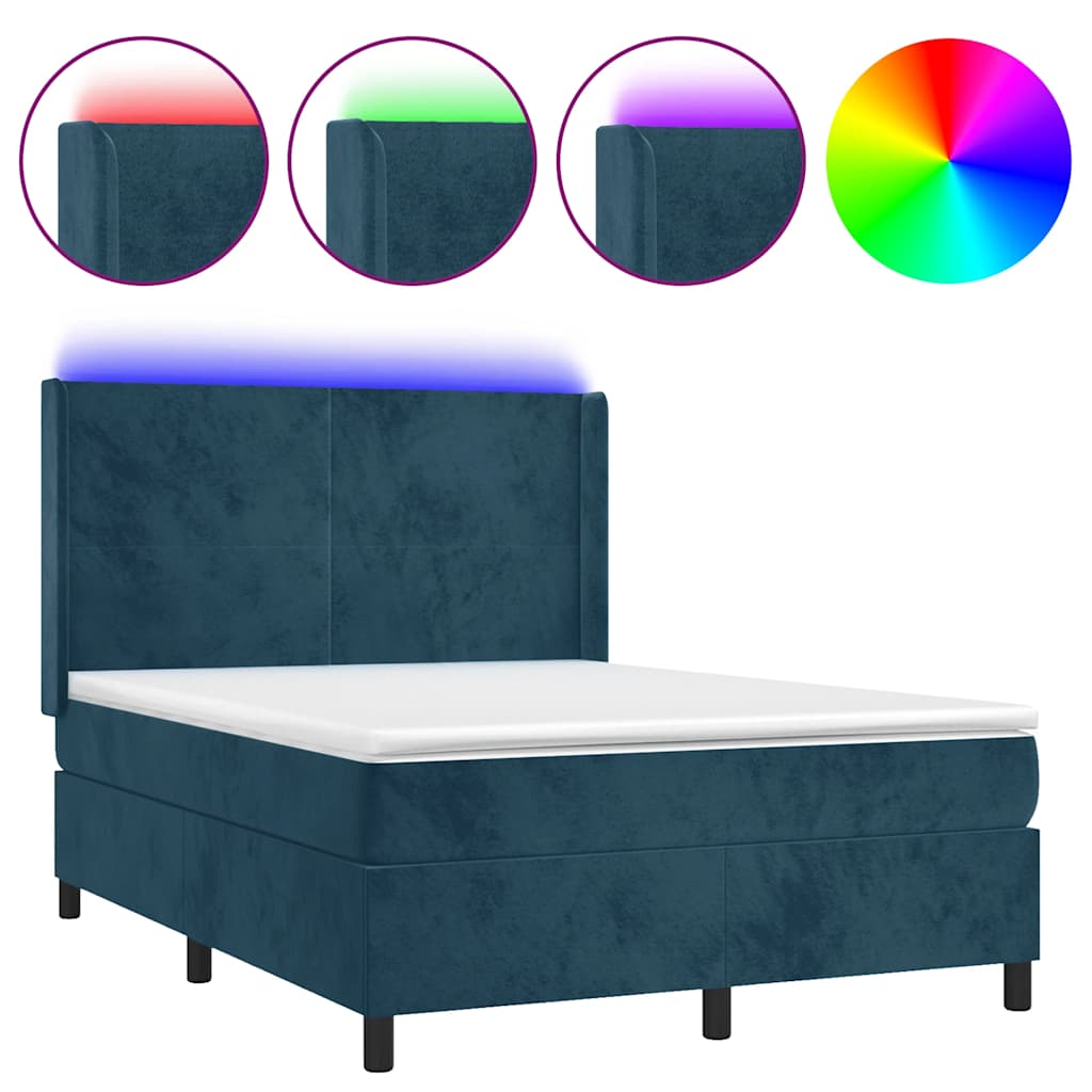 sötétkék bársony rugós és LED-es ágy matraccal 140x200 cm