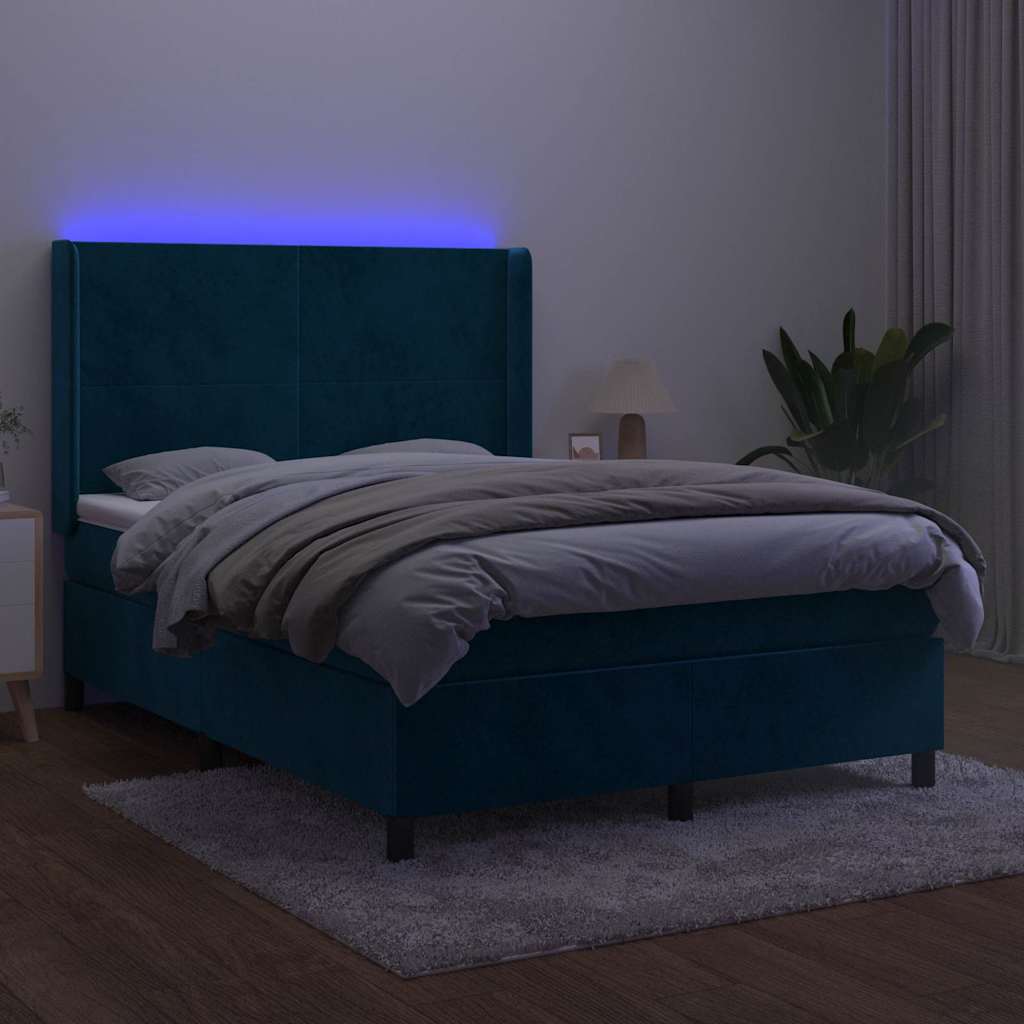 sötétkék bársony rugós és LED-es ágy matraccal 140x200 cm
