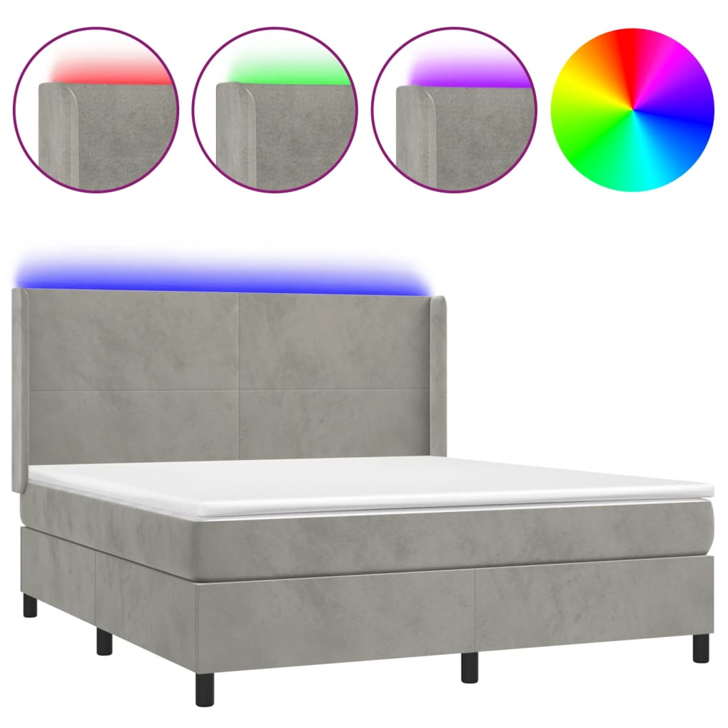 világosszürke bársony rugós és LED-es ágy matraccal 160x200 cm