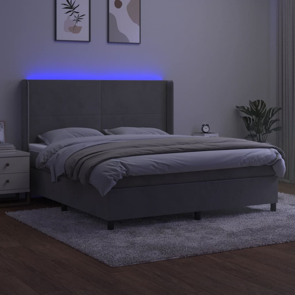 világosszürke bársony rugós és LED-es ágy matraccal 160x200 cm