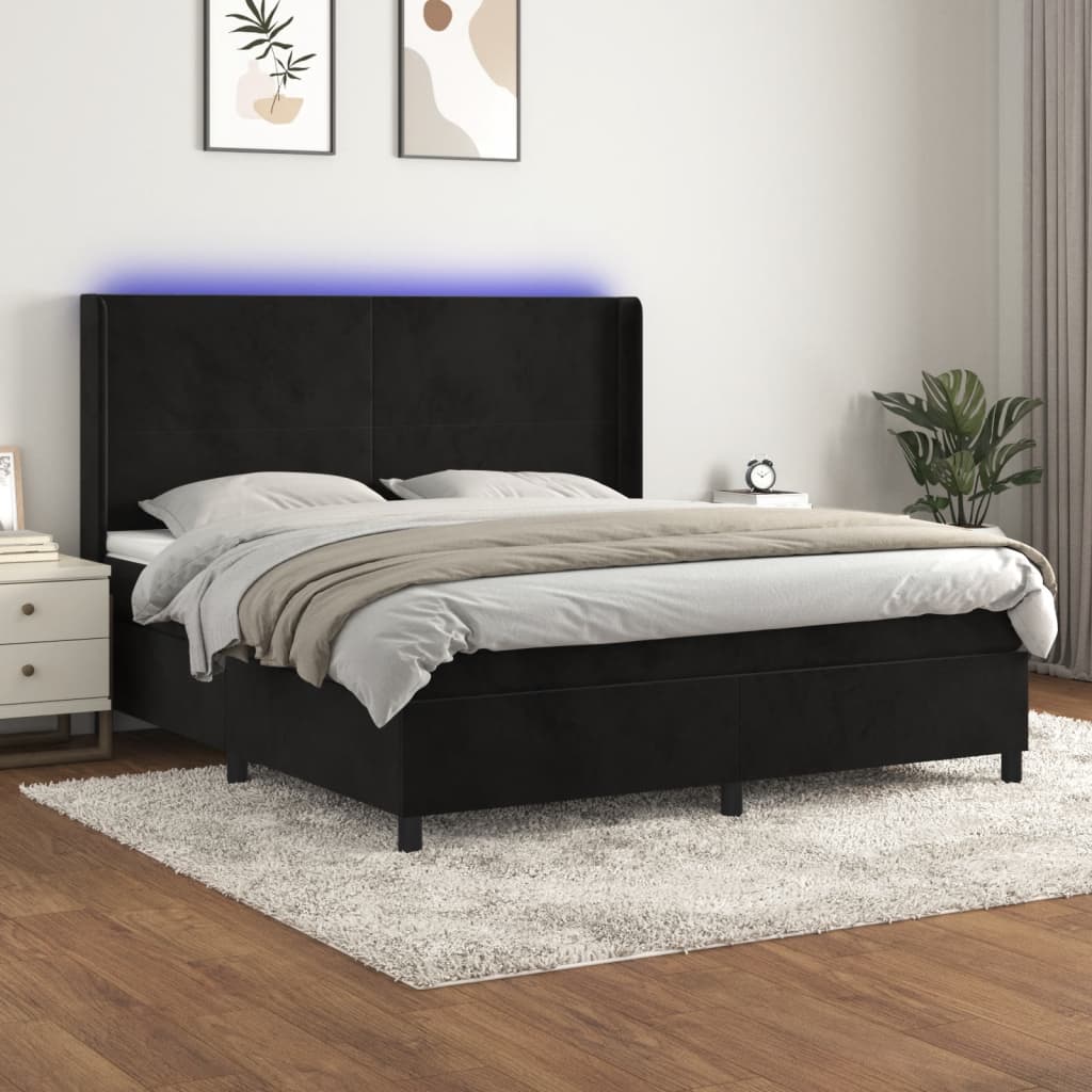 fekete bársony rugós és LED-es ágy matraccal 160x200 cm