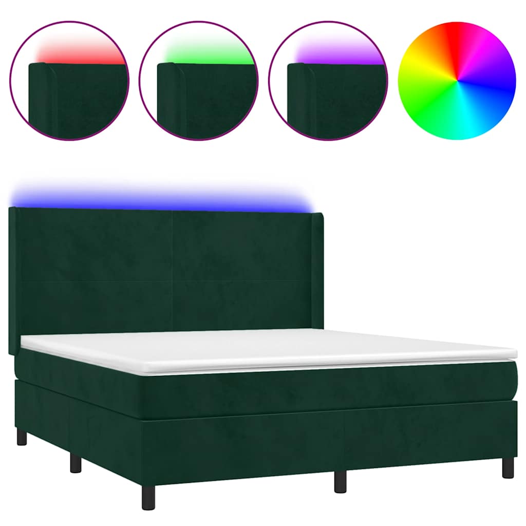 sötétzöld bársony rugós és LED-es ágy matraccal 160x200 cm