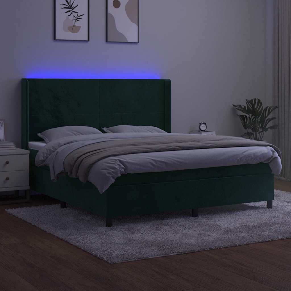 sötétzöld bársony rugós és LED-es ágy matraccal 160x200 cm