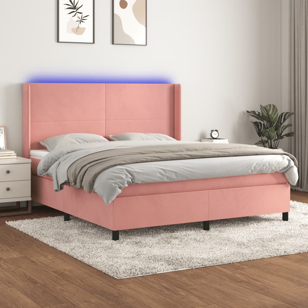 rózsaszín bársony rugós és LED-es ágy matraccal 160x200 cm