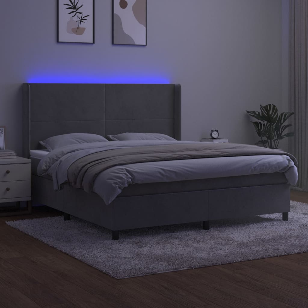 világosszürke bársony rugós és LED-es ágy matraccal 180x200 cm