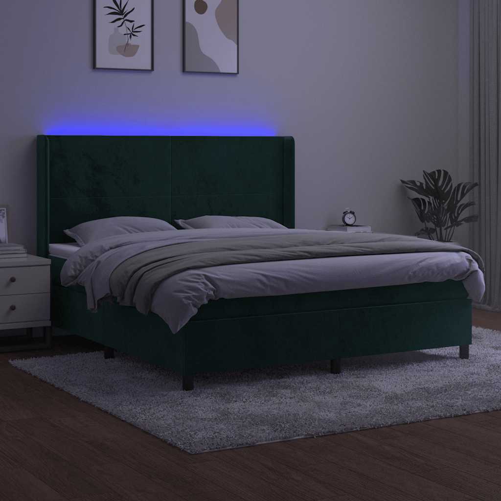 sötétzöld bársony rugós és LED-es ágy matraccal 180x200 cm