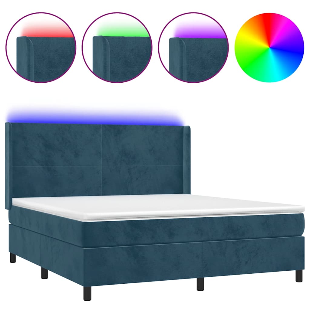sötétkék bársony rugós és LED-es ágy matraccal 180x200 cm