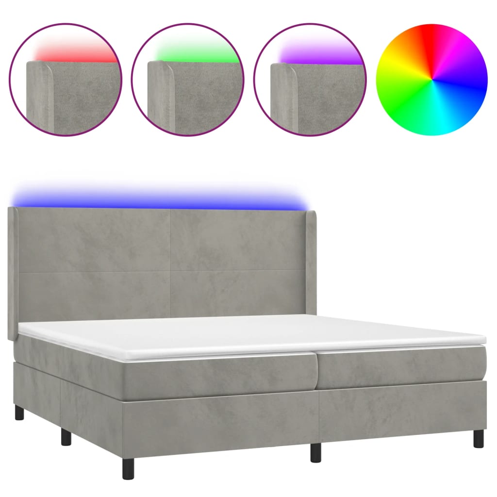 világosszürke bársony rugós és LED-es ágy matraccal 200x200 cm