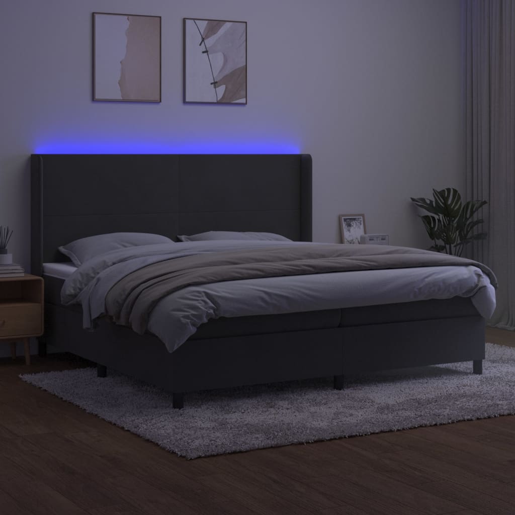 sötétszürke bársony rugós és LED-es ágy matraccal 200x200 cm