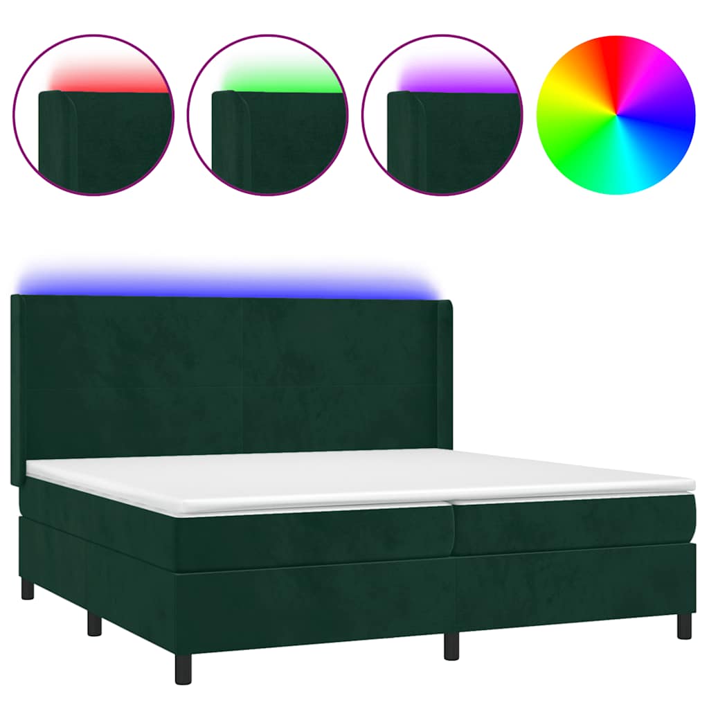 sötétzöld bársony rugós és LED-es ágy matraccal 200x200 cm
