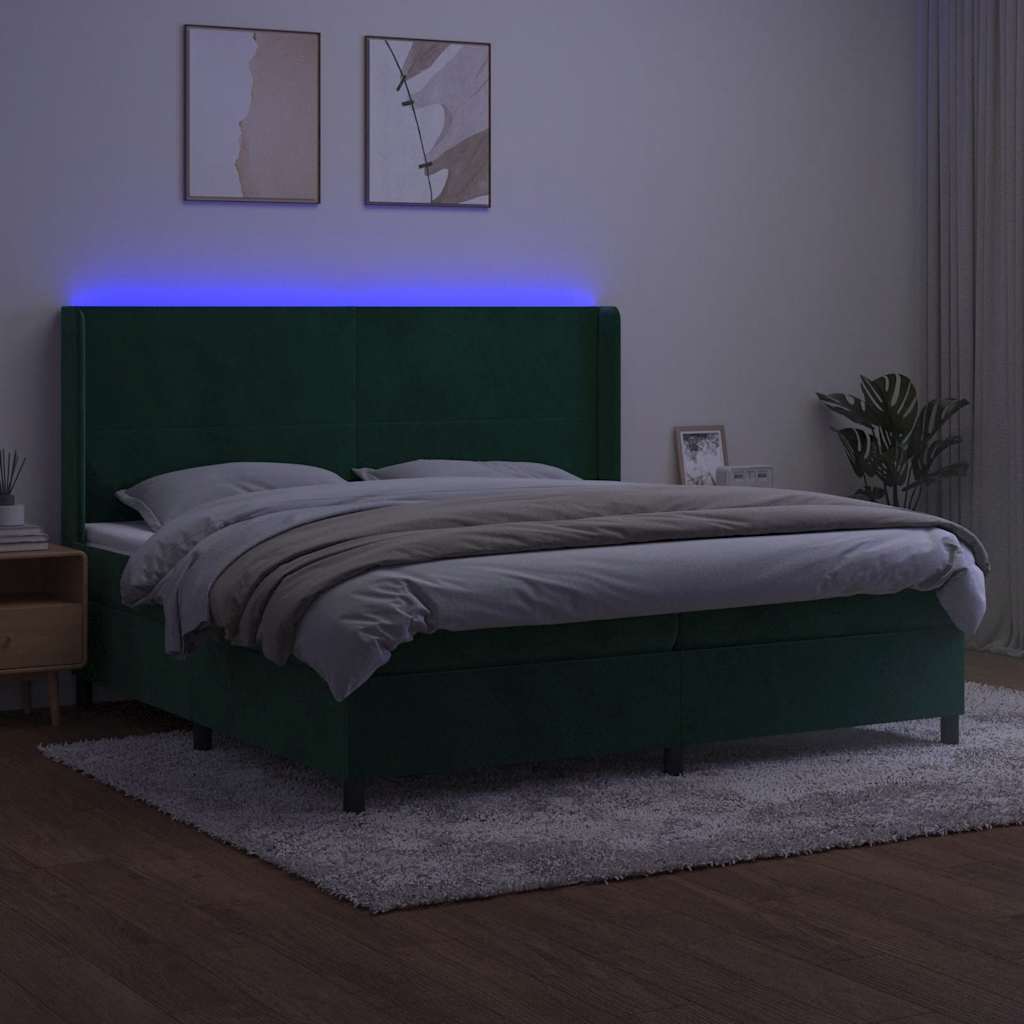 sötétzöld bársony rugós és LED-es ágy matraccal 200x200 cm