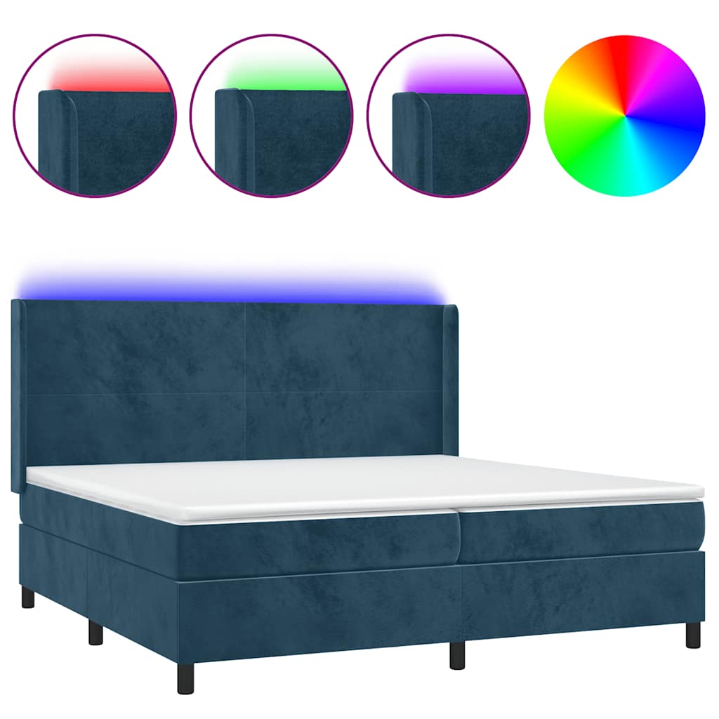 sötétkék bársony rugós és LED-es ágy matraccal 200x200 cm