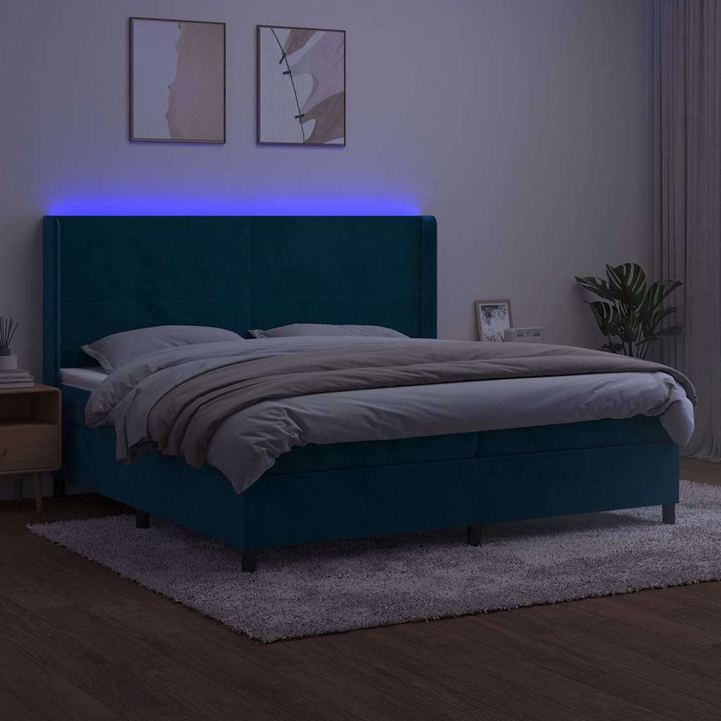 sötétkék bársony rugós és LED-es ágy matraccal 200x200 cm