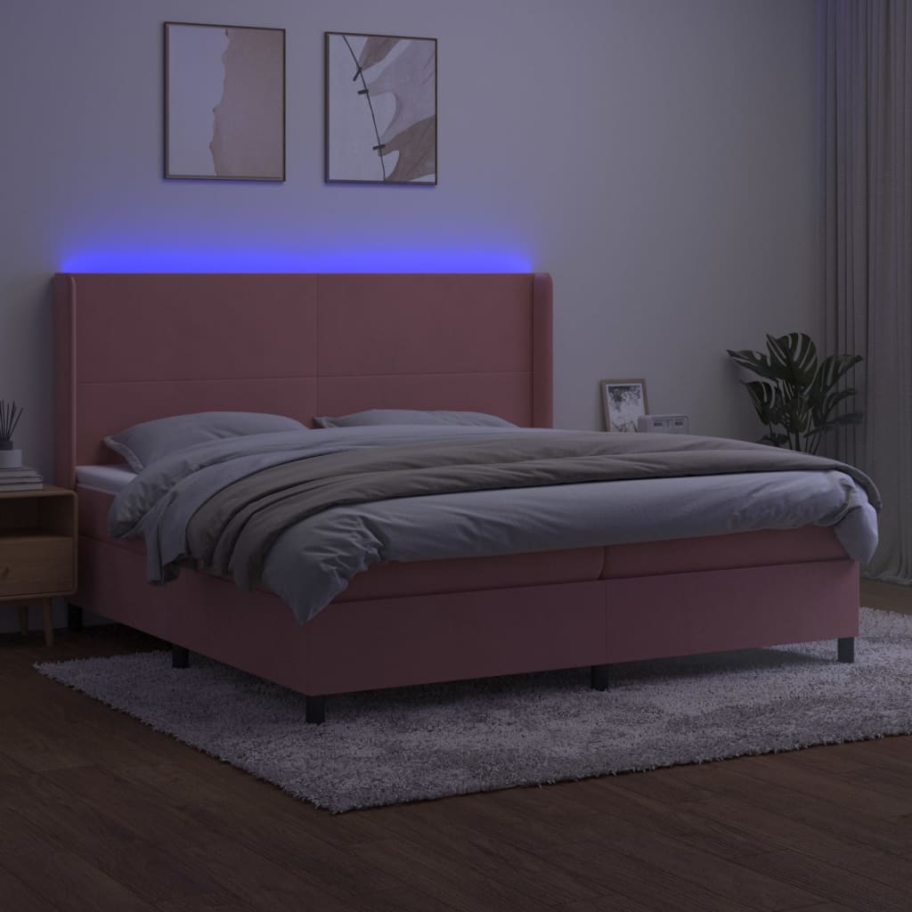 rózsaszín bársony rugós és LED-es ágy matraccal 200x200 cm
