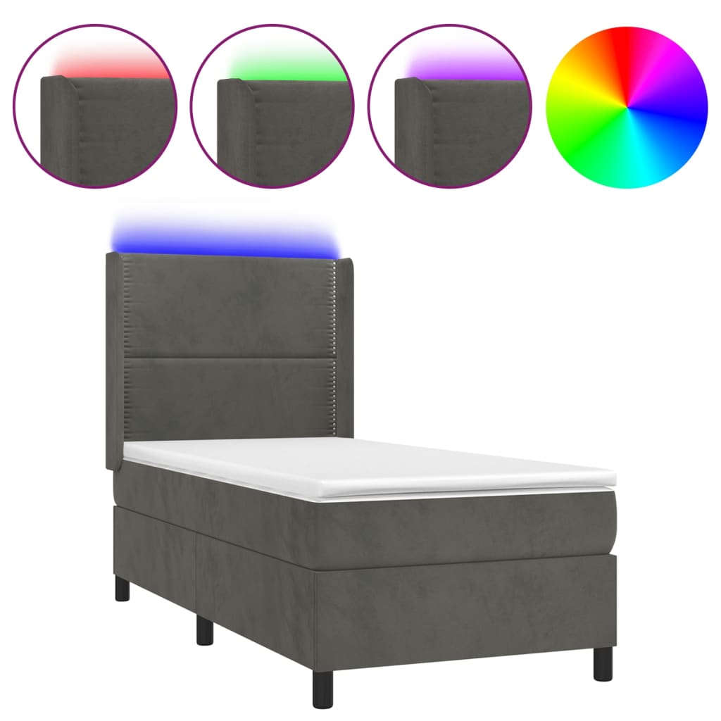 sötétszürke bársony rugós és LED-es ágy matraccal 80 x 200 cm