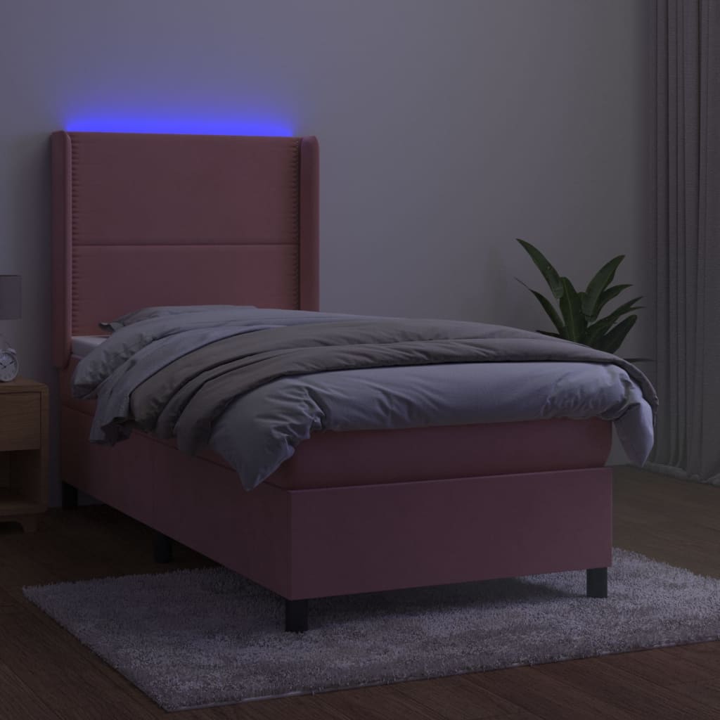 rózsaszín bársony rugós és LED-es ágy matraccal 80 x 200 cm