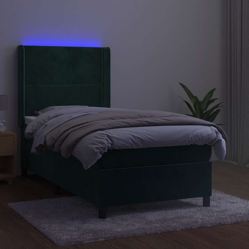sötétzöld bársony rugós és LED-es ágy matraccal 90x200 cm