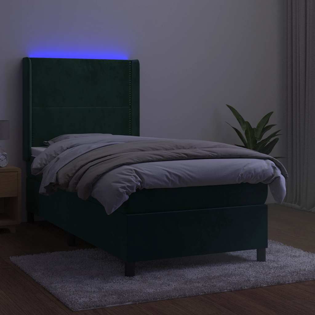 sötétzöld bársony rugós és LED-es ágy matraccal 100x200 cm
