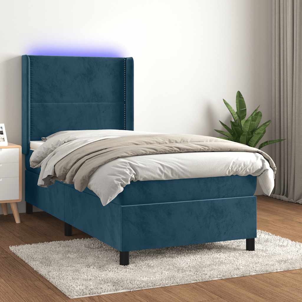 sötétkék bársony rugós és LED-es ágy matraccal 100x200 cm
