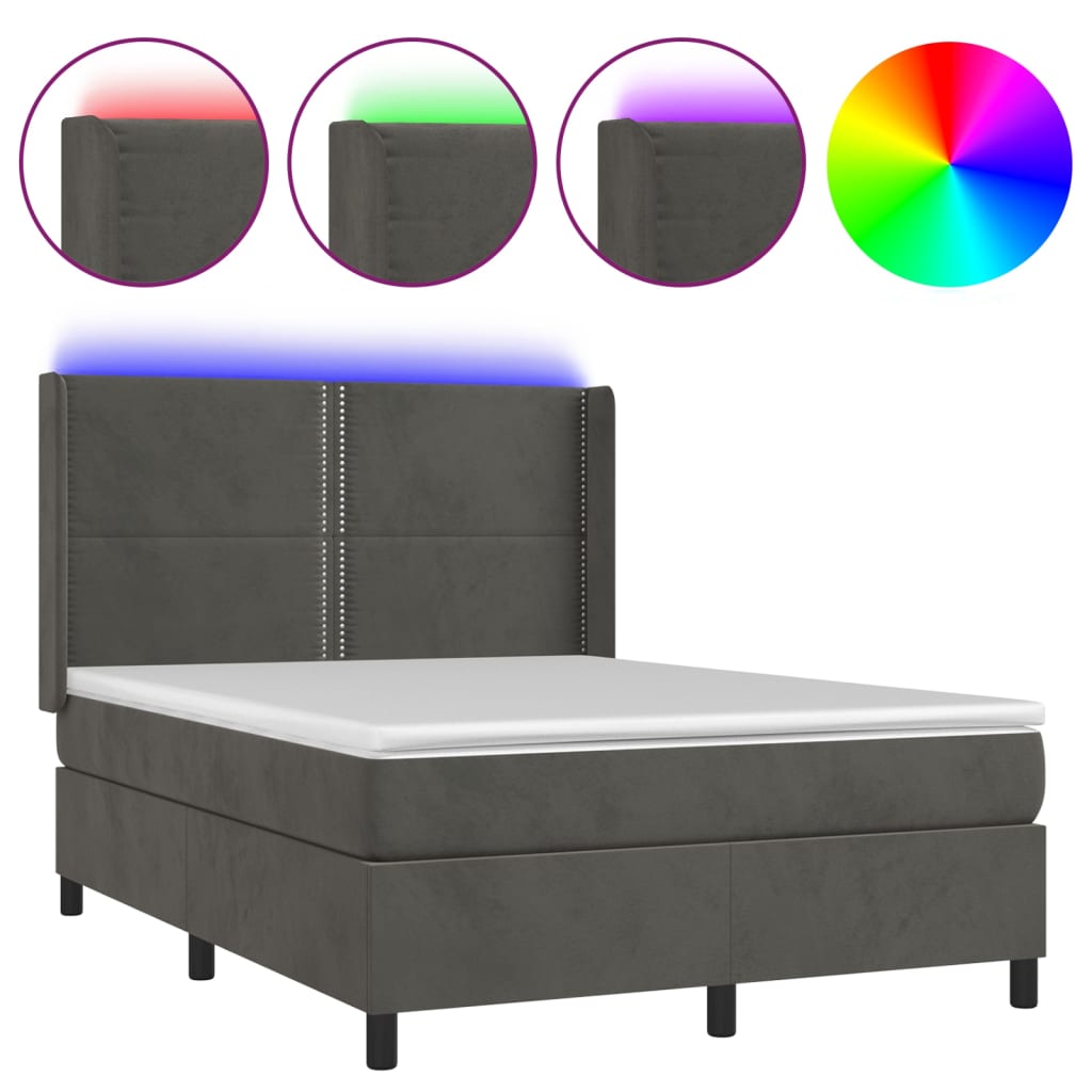 sötétszürke bársony rugós és LED-es ágy matraccal 140x190 cm