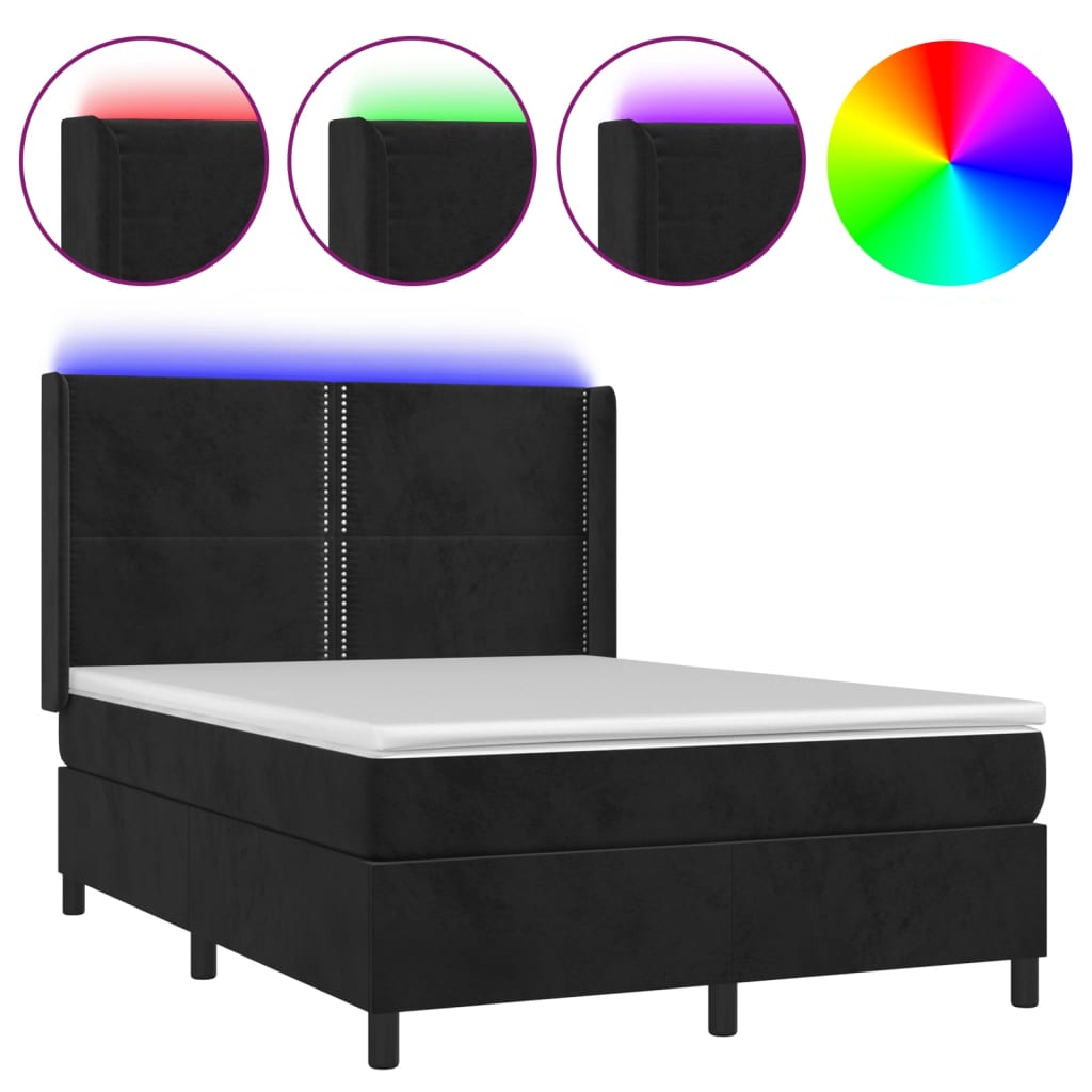 fekete bársony rugós és LED-es ágy matraccal 140x190 cm