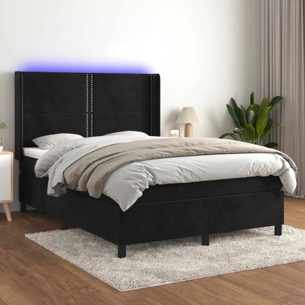 fekete bársony rugós és LED-es ágy matraccal 140x190 cm