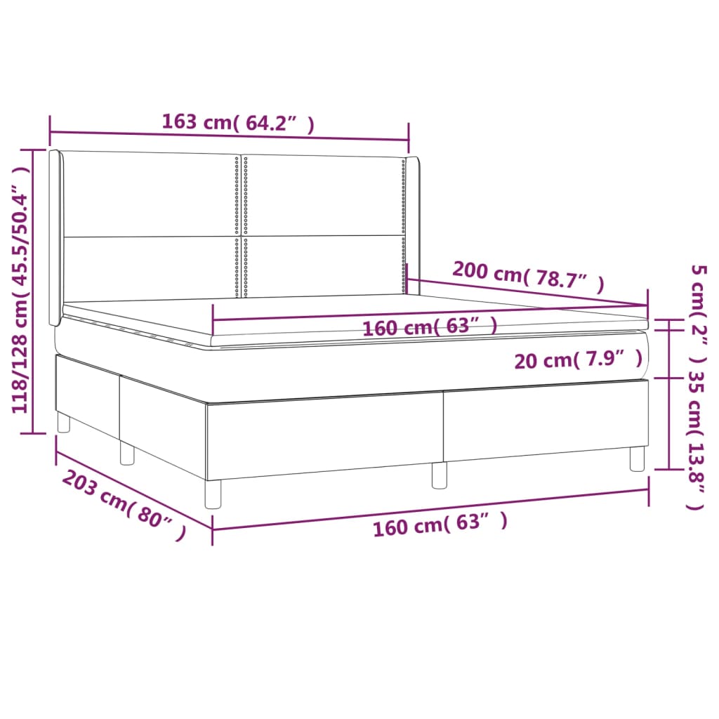 sötétszürke bársony rugós és LED-es ágy matraccal 160x200 cm