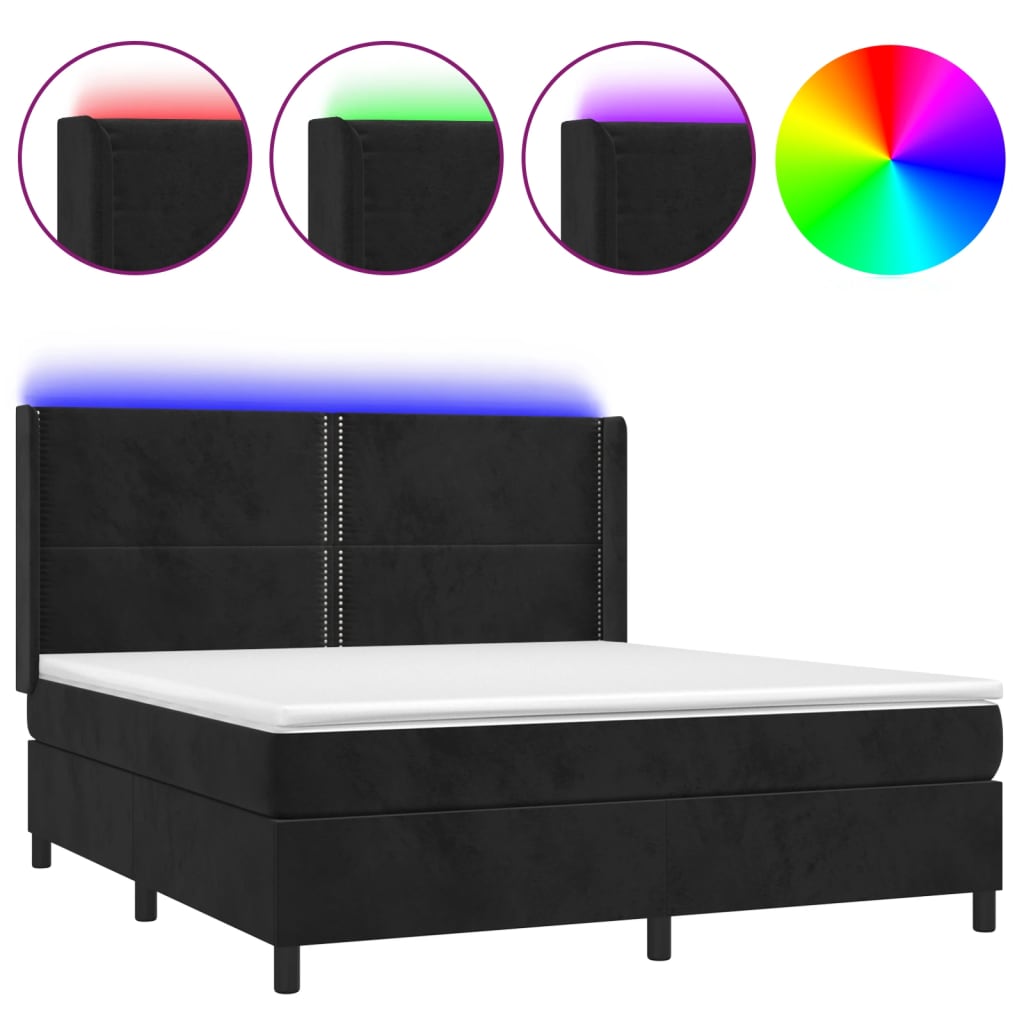 fekete bársony rugós és LED-es ágy matraccal 160x200 cm
