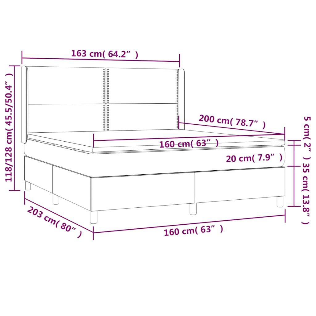 sötétkék bársony rugós és LED-es ágy matraccal 160x200 cm