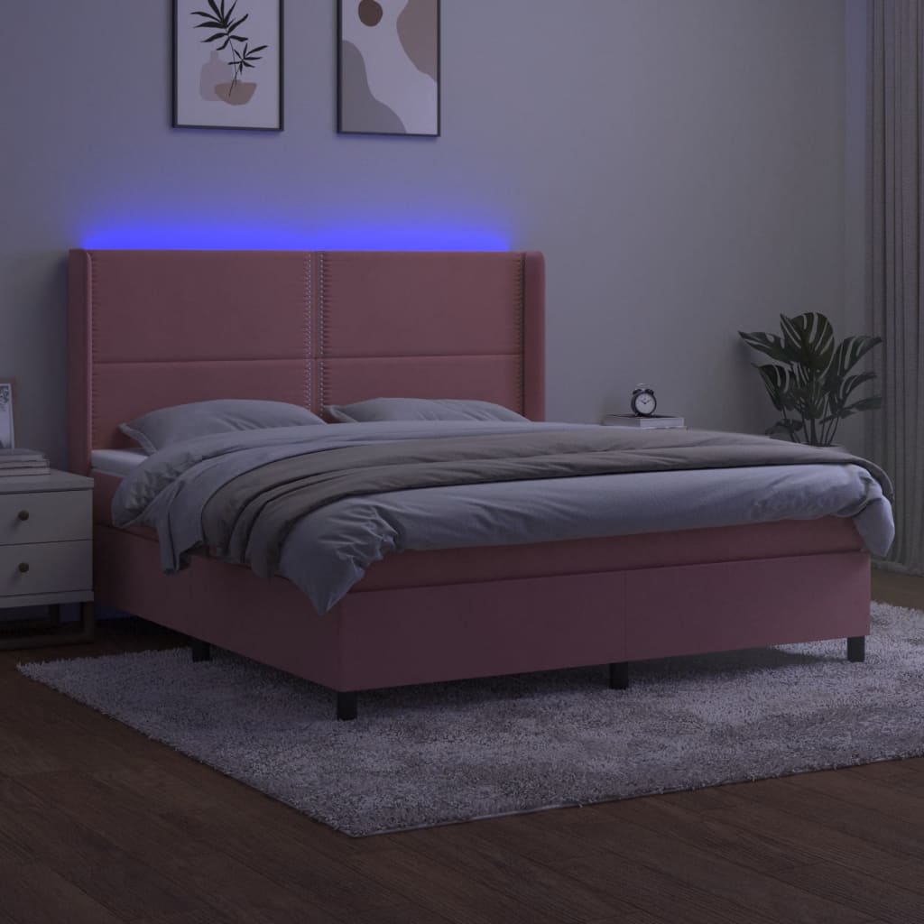 rózsaszín bársony rugós és LED-es ágy matraccal 160x200 cm