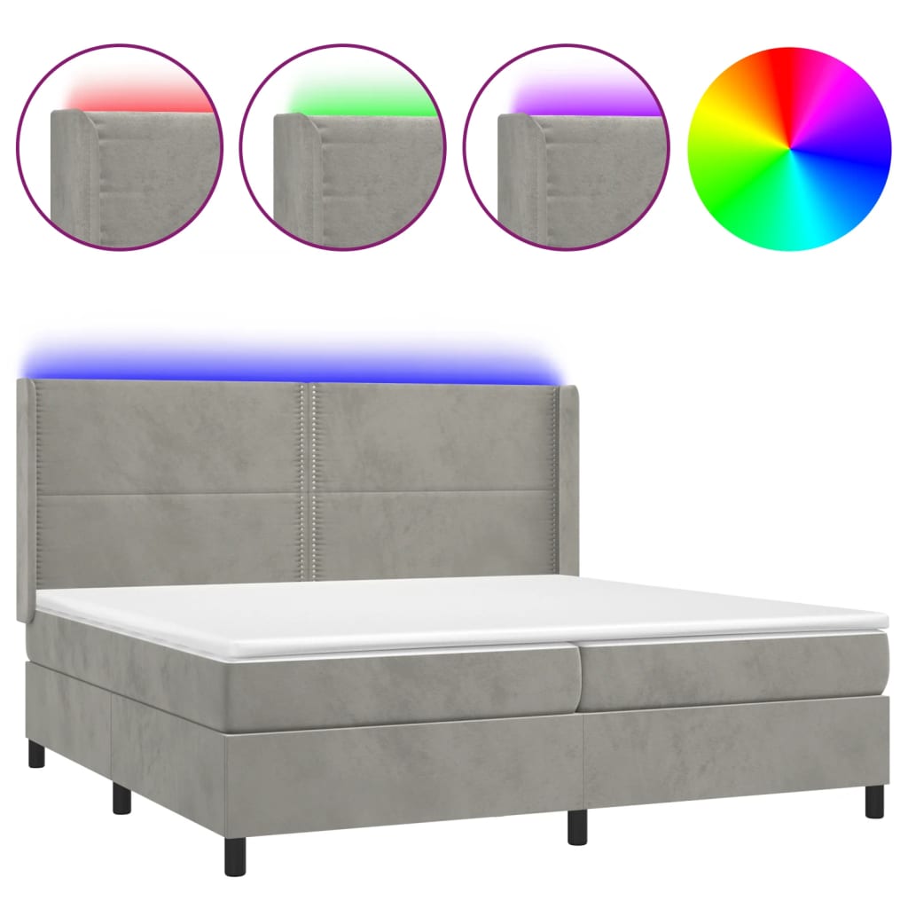 világosszürke bársony rugós és LED-es ágy matraccal 200x200 cm