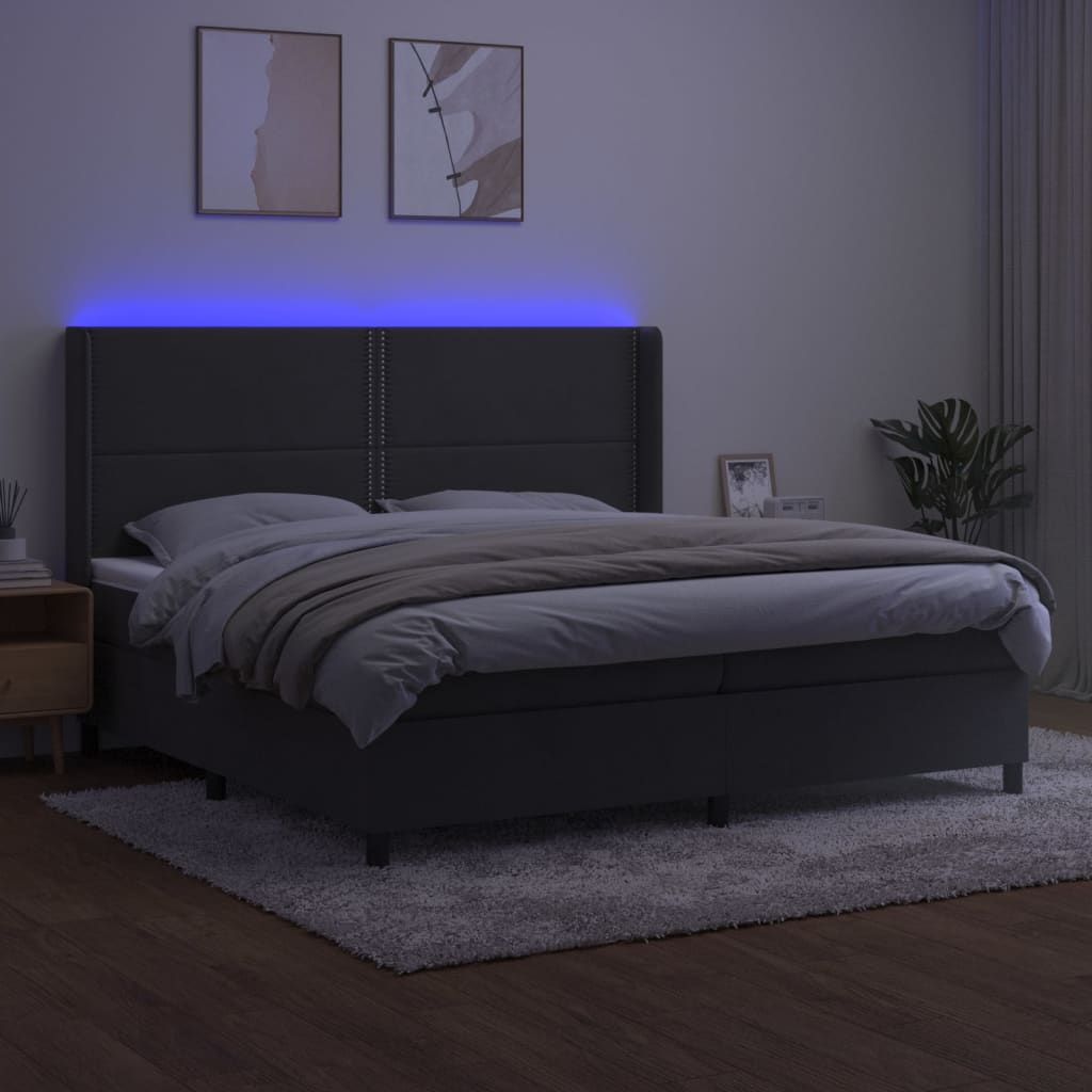 sötétszürke bársony rugós és LED-es ágy matraccal 200x200 cm