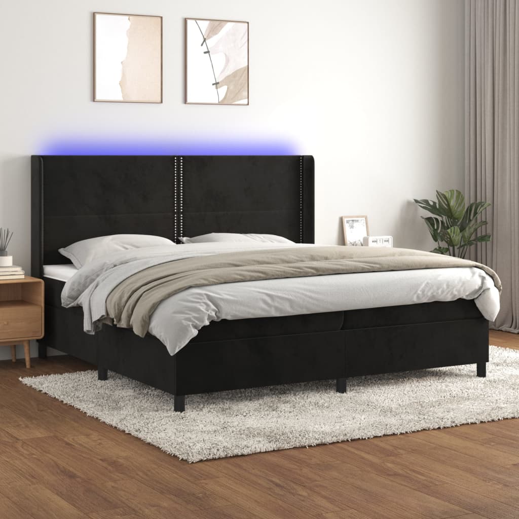 fekete bársony rugós és LED-es ágy matraccal 200x200 cm
