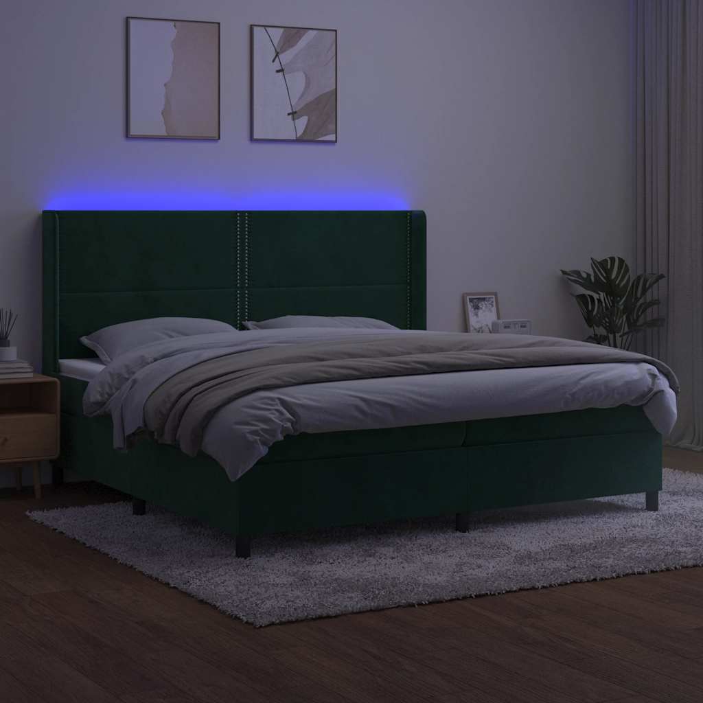 sötétzöld bársony rugós és LED-es ágy matraccal 200x200 cm