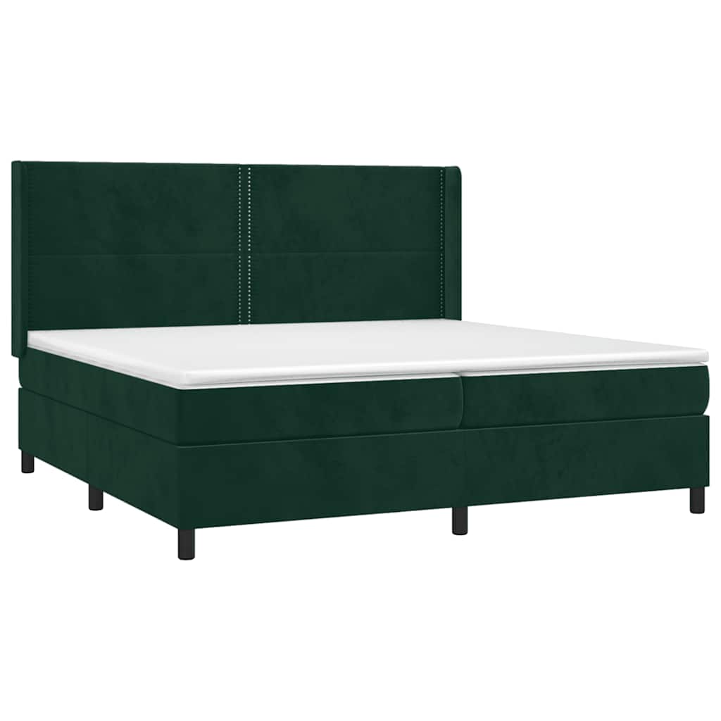 sötétzöld bársony rugós és LED-es ágy matraccal 200x200 cm