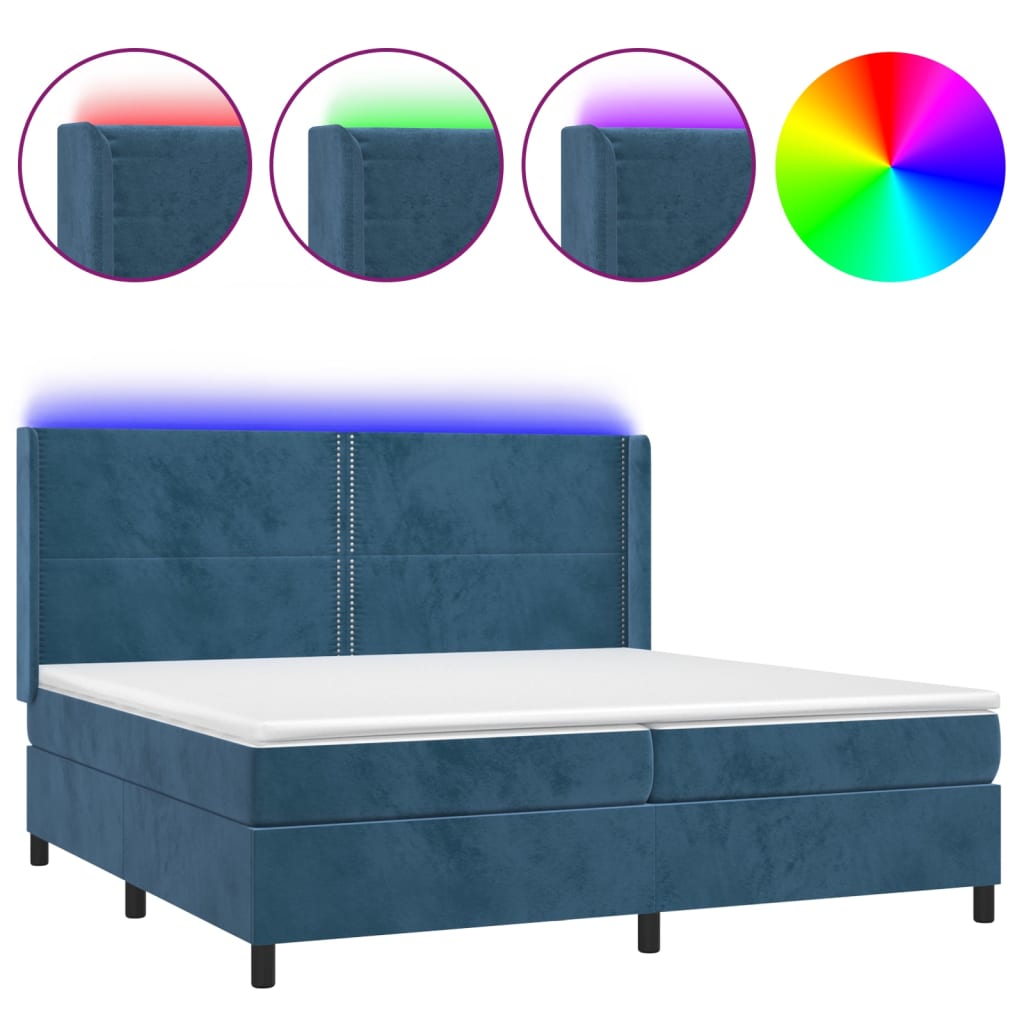 sötétkék bársony rugós és LED-es ágy matraccal 200x200 cm