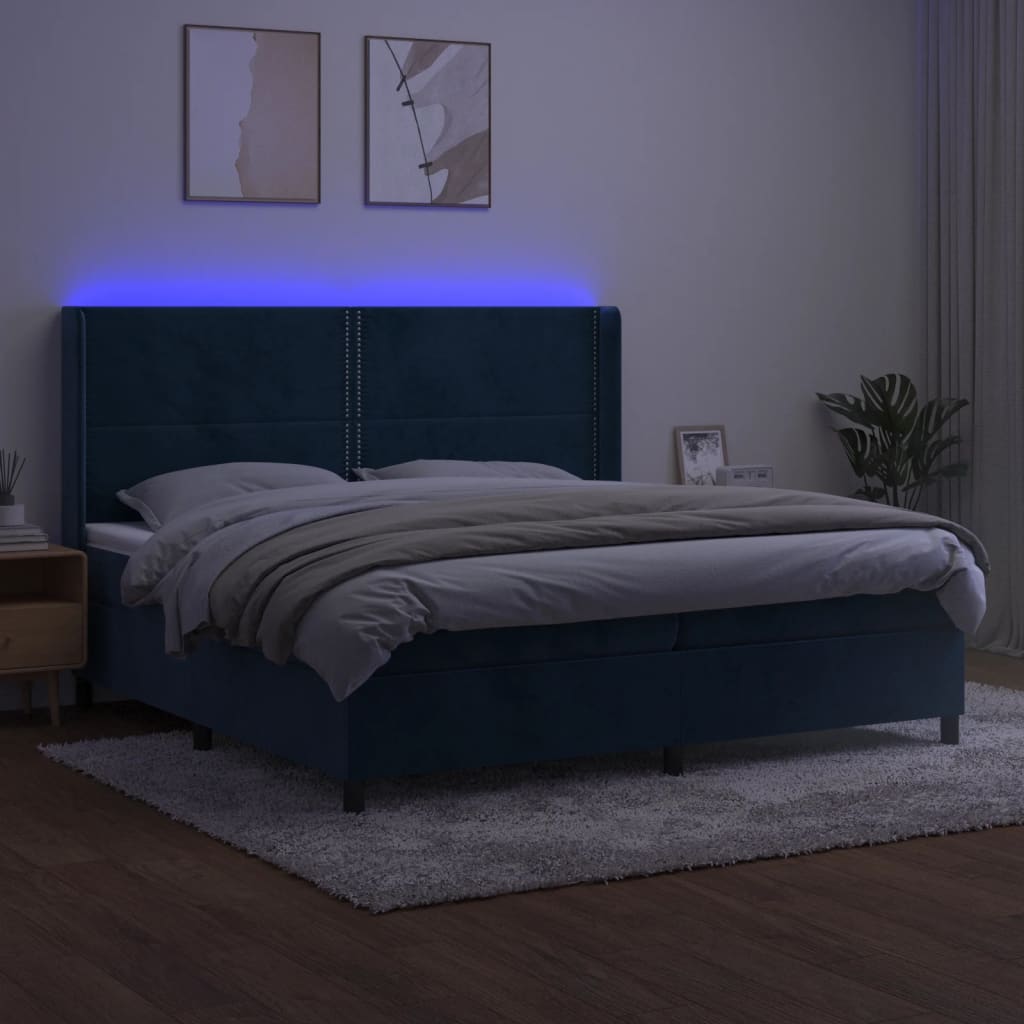 sötétkék bársony rugós és LED-es ágy matraccal 200x200 cm